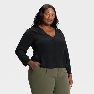 A New Day - Women's Long Sleeve Button-Front Top - A New Day B Black
